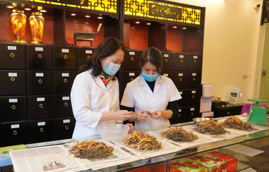 Bác sĩ Thu Huyền cùng Bác sĩ Đoàn Dung bốc thuốc và kiểm tra thuốc cho bệnh nhân