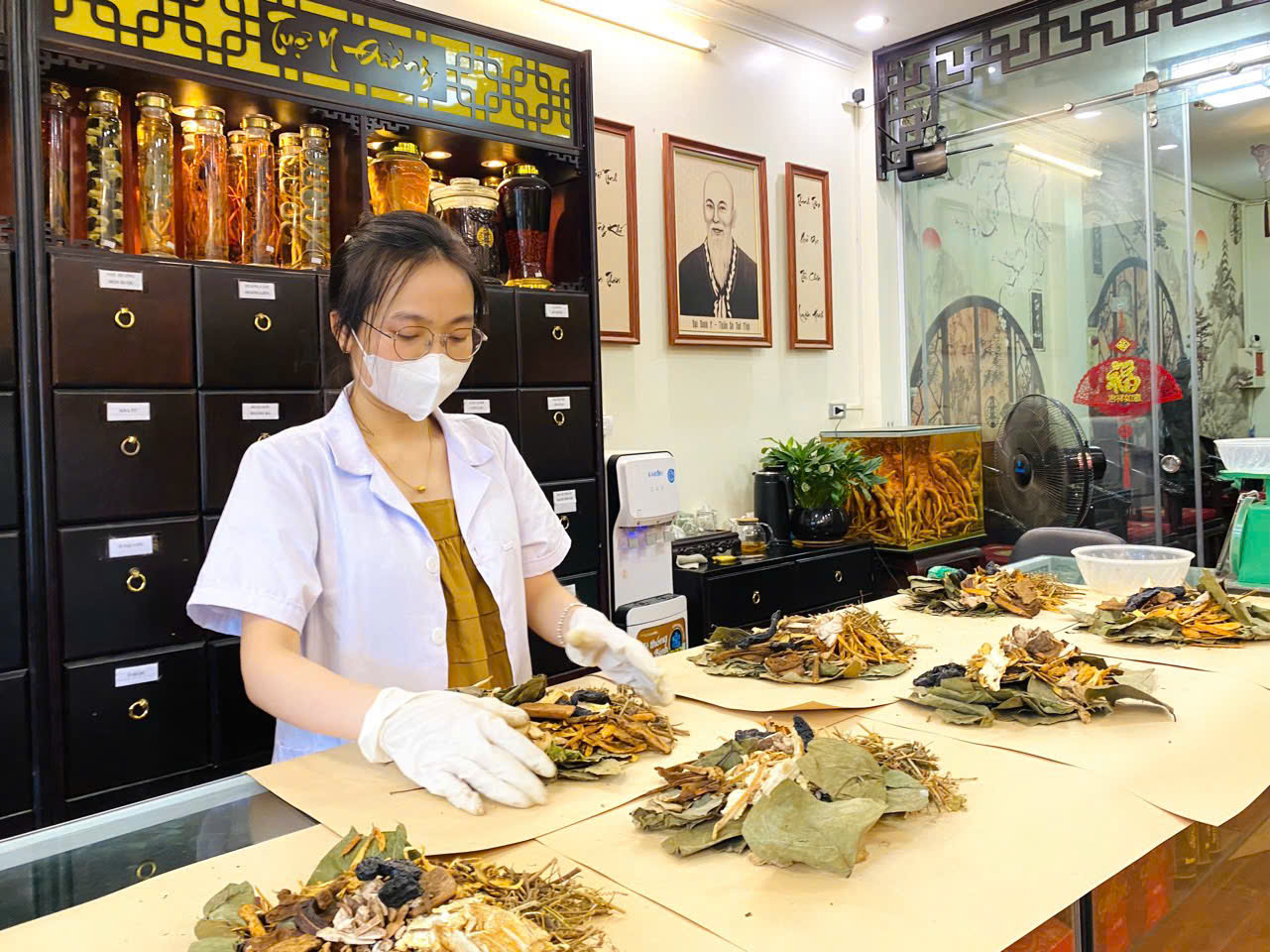 Bác sĩ Kim Oanh bốc thuốc thang cho bệnh nhân tại phòng khám Tuệ Y Đường