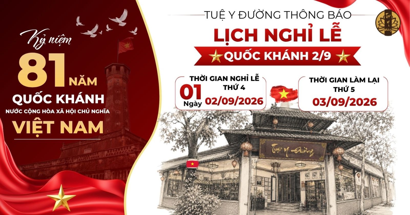 Tuệ Y Đường thông báo nghỉ lễ Quốc Khánh 2/9
